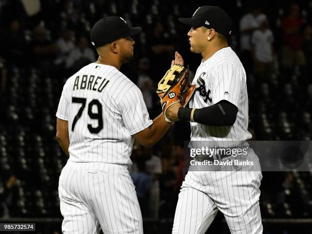 Jose Abreu of the Chicago White Sox and Avisail Garcia celebrate their win against the Minnesota Twins on June 27, 2018 at Guaranteed Rate Field in...