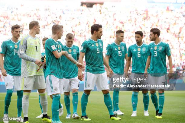 Players of Germany line-up for the 2018 FIFA World Cup Russia group F match between Korea Republic and Germany at Kazan Arena on June 27, 2018 in...