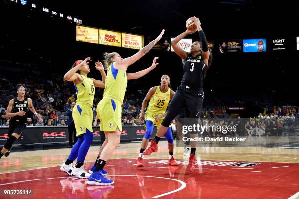 Kelsey Bone of the Las Vegas Aces shoots the ball during the game against the Dallas Wings on June 27, 2018 at the Mandalay Bay Events Center in Las...