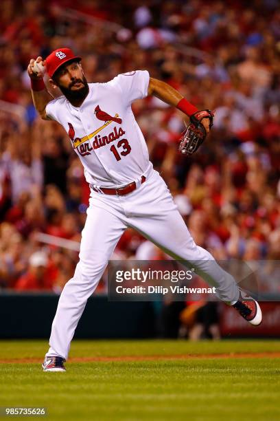 Matt Carpenter of the St. Louis Cardinals throws to first base against the Cleveland Indians in the sixth inning at Busch Stadium on June 27, 2018 in...