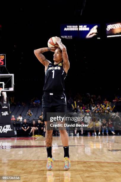 Tamera Young of the Las Vegas Aces shoots the ball during the game against the Dallas Wings on June 27, 2018 at the Mandalay Bay Events Center in Las...