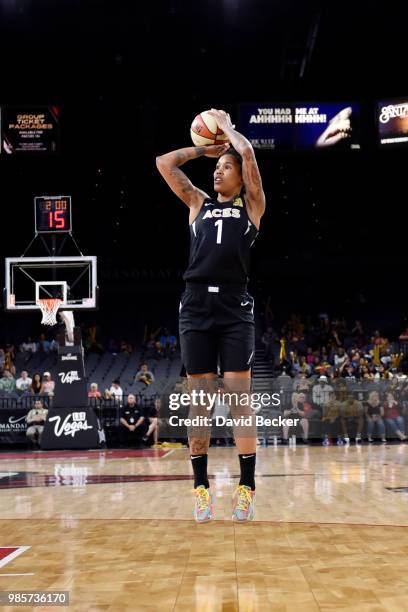 Tamera Young of the Las Vegas Aces shoots the ball during the game against the Dallas Wings on June 27, 2018 at the Mandalay Bay Events Center in Las...