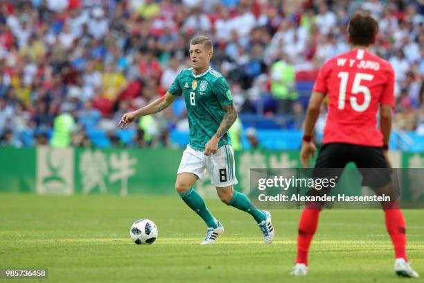 Toni Kroos of Germany runs with the ball during the 2018 FIFA World Cup Russia group F match between Korea Republic and Germany at Kazan Arena on...