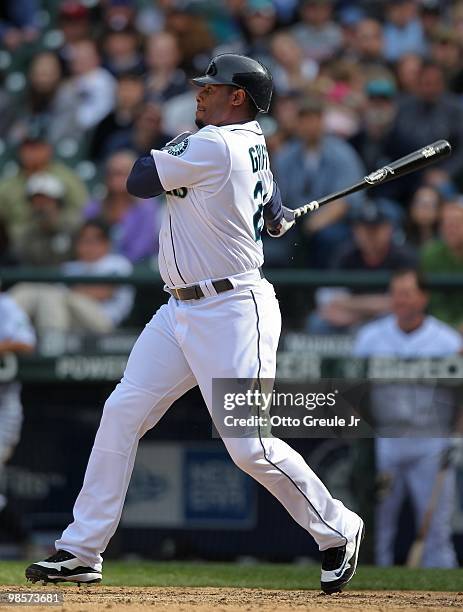 Ken Griffey Jr. #24 of the Seattle Mariners bats against the Detroit Tigers at Safeco Field on April 18, 2010 in Seattle, Washington.