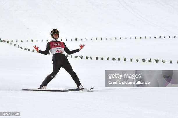 Dpatop - Norway's Robert Johansson celebrates his second place during the men's normal hill individual ski jumping competition on day one of the...