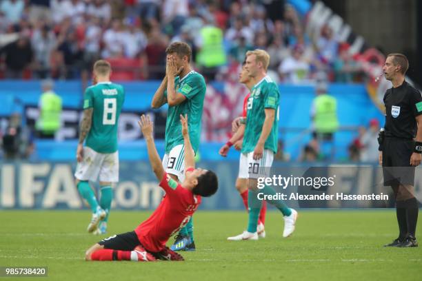 Referee Mark Geiger ends the match whilst Thomas Mueller of Germany and Sejong Ju of Korea Republic reacts during the 2018 FIFA World Cup Russia...