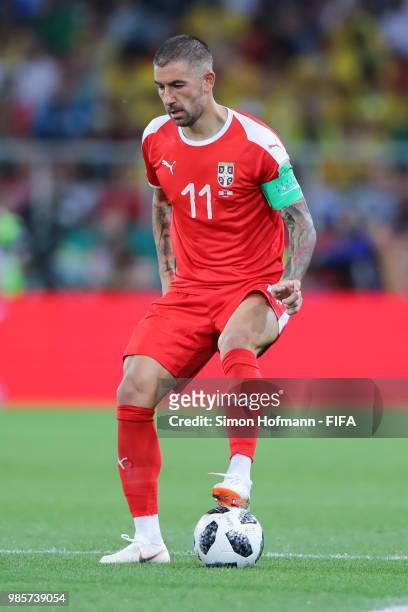 Aleksandar Kolarov of Serbia controls the ball during the 2018 FIFA World Cup Russia group E match between Serbia and Brazil at Spartak Stadium on...