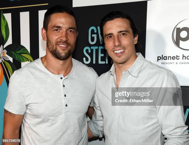 Deryk Engelland and Marc-Andre Fleury of the Vegas Golden Knights attend the grand opening of the "Gwen Stefani - Just a Girl" residency at Planet...