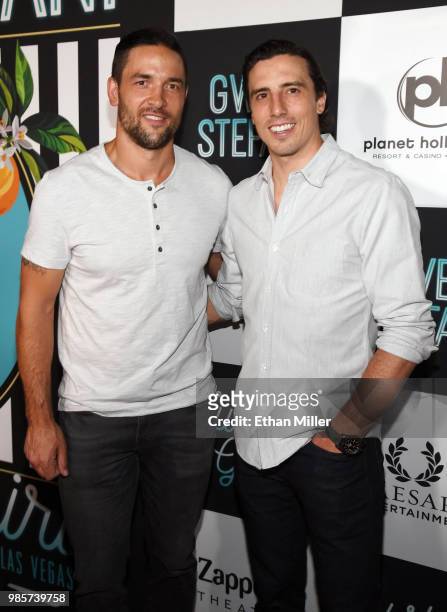 Deryk Engelland and Marc-Andre Fleury of the Vegas Golden Knights attend the grand opening of the "Gwen Stefani - Just a Girl" residency at Planet...