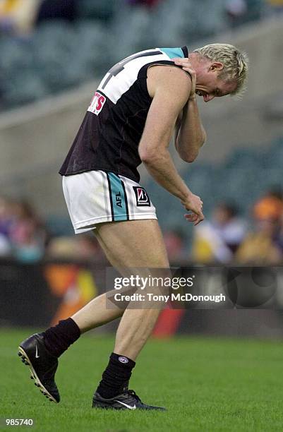 Stephen Paxman for Port Adelaide hurts his shoulder during AFL round seven West Coast Eagles v Port Adelaide played at Subiaco Oval in Perth, Western...
