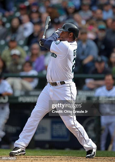 Ken Griffey Jr. #24 of the Seattle Mariners bats against the Detroit Tigers at Safeco Field on April 18, 2010 in Seattle, Washington.