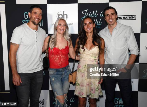 Deryk Engelland of the Vegas Golden Knights, his wife Melissa Engelland, Veronique Fleury and her husband, Marc-Andre Fleury of the Vegas Golden...