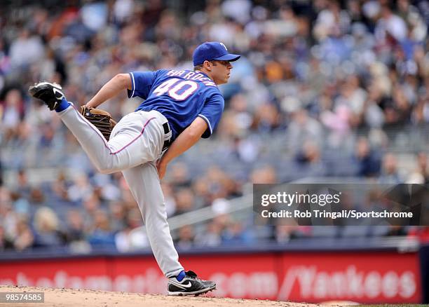Rich Harden of the Texas Rangers pitches against the New York Yankees at Yankee Stadium on April 18, 2010 in the Bronx borough of Manhattan. The...