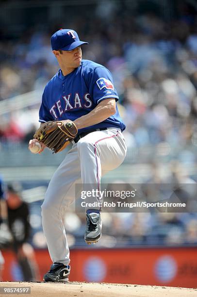 Rich Harden of the Texas Rangers pitches against the New York Yankees at Yankee Stadium on April 18, 2010 in the Bronx borough of Manhattan. The...