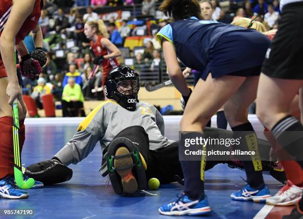 Goalkeeper Tetiana Stepanchenko of the Ukraine in action during the women's Indoor Hockey World Cup 2018 match for the third place between Belarus...