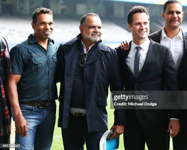 Michael Long with Scott Chisolm and Gavin Wanganeen as he makes a suprise appearance from illness during an Indigenous Past Player Group announcement...