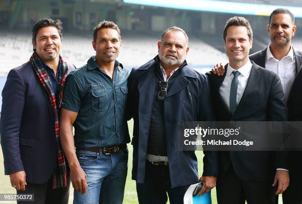 Michael Long with Scott Chisolm and Gavin Wanganeen as he makes a suprise appearance from illness during an Indigenous Past Player Group announcement...