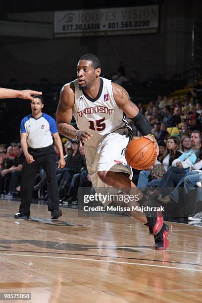 Orien Greene of the Utah Flash drives the ball against the Reno Bighorns at McKay Events Center on March 05, 2010 in Orem, Utah. NOTE TO USER: User...