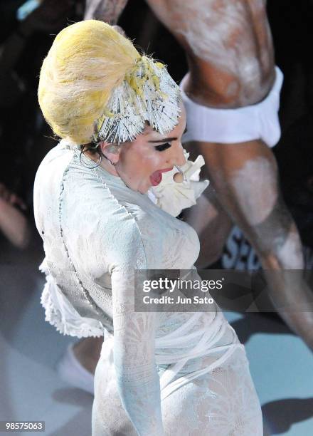 Singer Lady Gaga performs onstage during MAC 'Viva Glam' campaign at the Tabloid on April 20, 2010 in Tokyo, Japan.