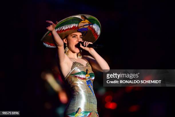 Mexican singer Belinda performs during the closing campaign rally of Mexico's presidential candidate Andres Manuel Lopez Obrador and candidate for...