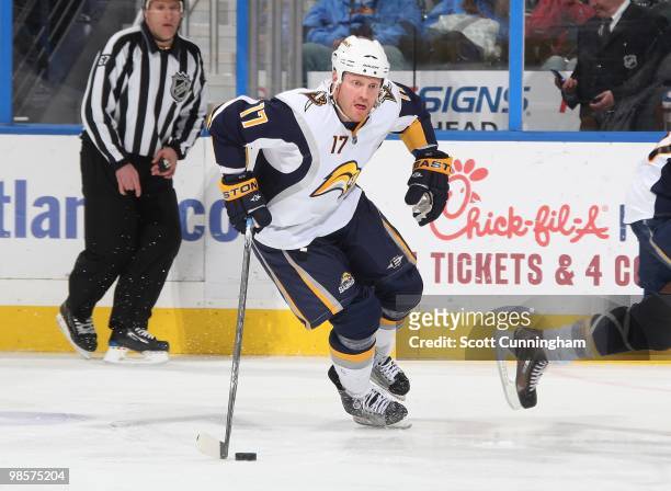 Raffi Torres of the Buffalo Sabres carries the puck against the Atlanta Thrashers at Philips Arena on March 16, 2010 in Atlanta, Georgia.