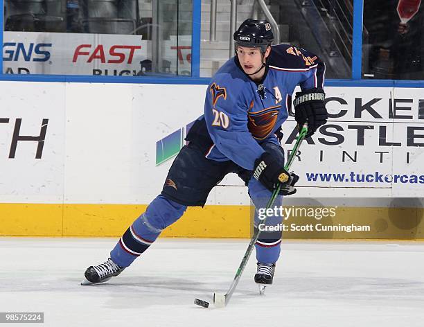 Colby Armstrong of the Atlanta Thrashers carries the puck against the Buffalo Sabres at Philips Arena on March 16, 2010 in Atlanta, Georgia.