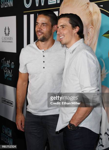 Deryk Engelland and Marc-Andre Fleury of the Vegas Golden Knights attend the grand opening of the "Gwen Stefani - Just a Girl" residency at Planet...