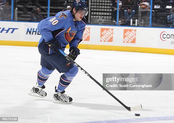 Nik Antropov of the Atlanta Thrashers carries the puck against the Buffalo Sabres at Philips Arena on March 16, 2010 in Atlanta, Georgia.