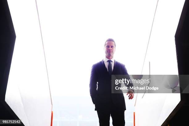 Gavin Wanganeen walks off after an Indigenous Past Player Group announcement at Etihad Stadium on June 28, 2018 in Melbourne, Australia.