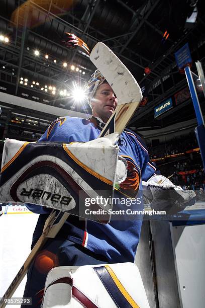 Johan Hedberg of the Atlanta Thrashers heads off the ice after the game against the Buffalo Sabres at Philips Arena on March 16, 2010 in Atlanta,...