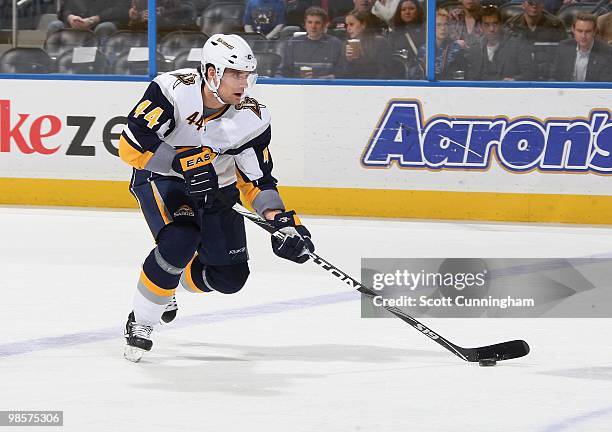 Andrej Sekera of the Buffalo Sabres carries the puck against the Atlanta Thrashers at Philips Arena on March 16, 2010 in Atlanta, Georgia.