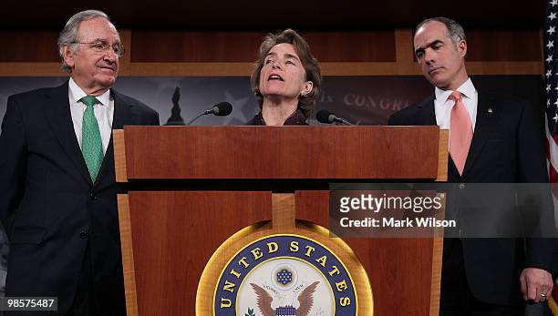 Sen. Blanche Lincoln , Sen. Tom Harkin, and Sen. Bob Casey, participate in a news conference on Capitol Hill on April 20, 2010 in Washington, DC. The...