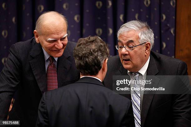 House Financial Services Committee Chairman Barney Frank and Rep. Paul Kanjorski (D-PA talk with Treasury Secretary Timothy Geithner after he...