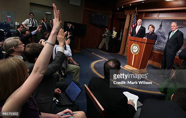 Sen. Blanche Lincoln , Sen. Tom Harkin, and Sen. Bob Casey, take questions during a news conference on Capitol Hill on April 20, 2010 in Washington,...