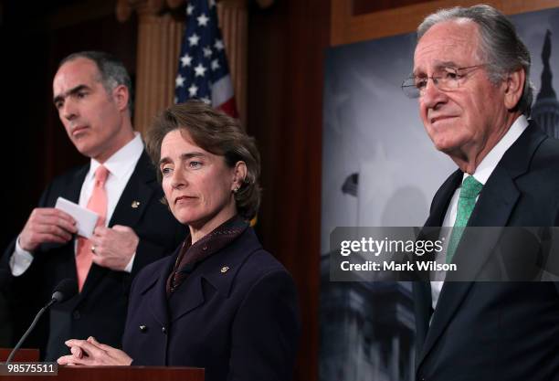 Sen. Blanche Lincoln , Sen. Tom Harkin, and Sen. Bob Casey, participate in a news conference on Capitol Hill on April 20, 2010 in Washington, DC. The...