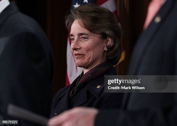 Sen. Blanche Lincoln participates in a news conference on Capitol Hill on April 20, 2010 in Washington, DC. The senator discussed how Wall Street...