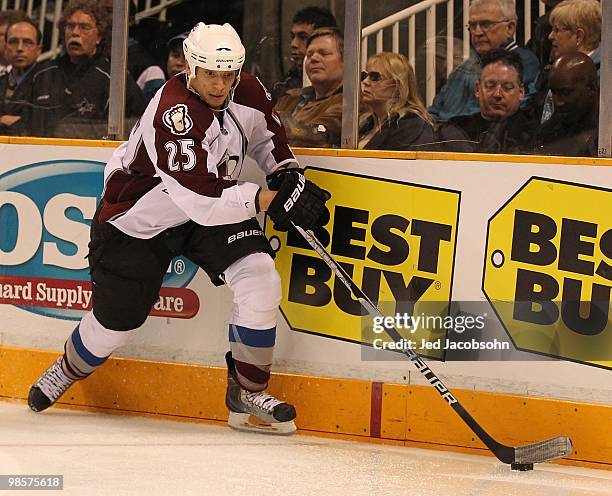 Chris Stewart of the Colorado Avalanche in action against the San Jose Sharks in Game One of the Western Conference Quarterfinals during the 2010 NHL...