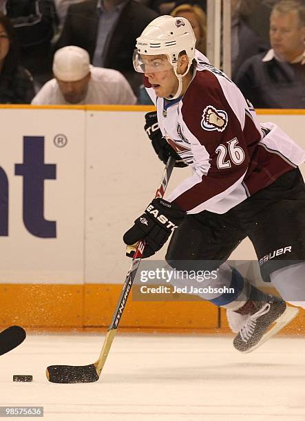 Paul Stastny of the Colorado Avalanche in action against the San Jose Sharks in Game One of the Western Conference Quarterfinals during the 2010 NHL...