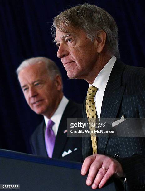 Vice President Joe Biden is introduced by investment banker Roger Altman before speaking at the Mayflower Hotel April 20, 2010 in Washington, DC....