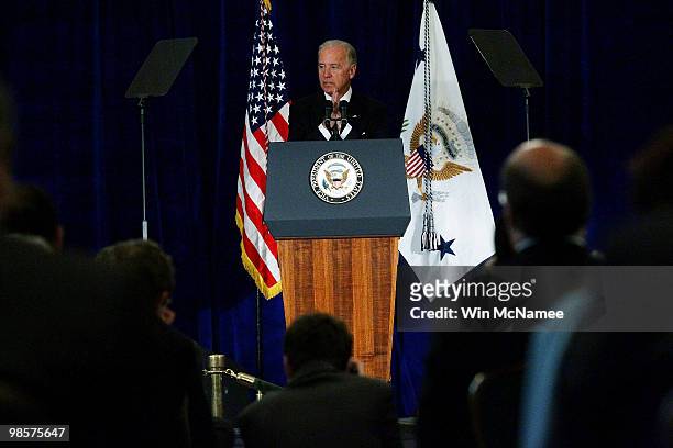 Vice President Joe Biden speaks at the Mayflower Hotel April 20, 2010 in Washington, DC. Biden delivered remarks to the Brookings Institution's...