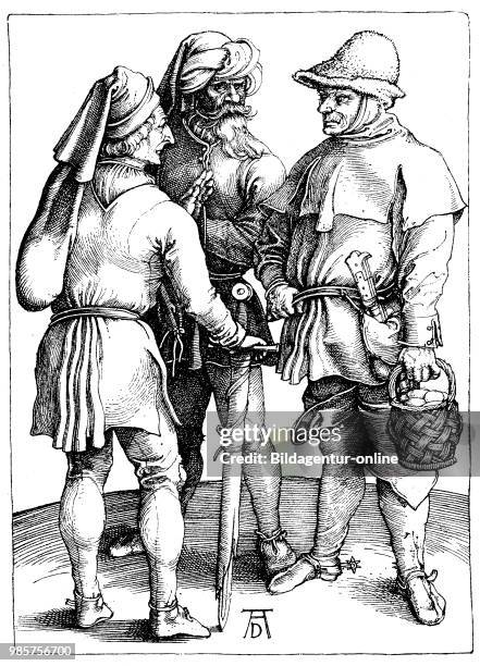 Various types of peasants in the 15th century, copper engraving by Albrecht Duerer, Germany, digital improved reproduction of a woodcut publication...