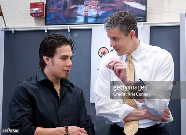 Olympic short-track speed skater Apolo Ohno and Education Secretary Arne Duncan speak during an "Ask, Listen, Learn: Kids And Alcohol Don't Mix"...