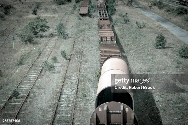 freight train on overgrown rail tracks - train tracks end stock pictures, royalty-free photos & images