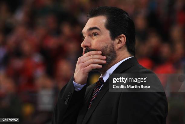 Larry Mitchell, head coach of Augsburg reacts during the DEL play off final match between Hannover Scorpions and Augsburger Panther at TUI Arena on...