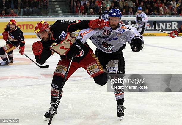 Klaus Kathan of Hannover and Darin Olver of Augsburg battle for the puck during the DEL play off final match between Hannover Scorpions and...