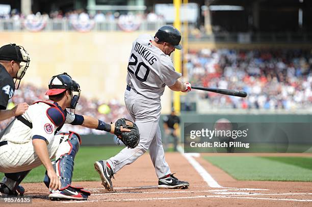 Kevin Youkilis of the Boston Red Sox bats during the Opening Day game against the Minnesota Twins at Target Field in Minneapolis, Minnesota on April...