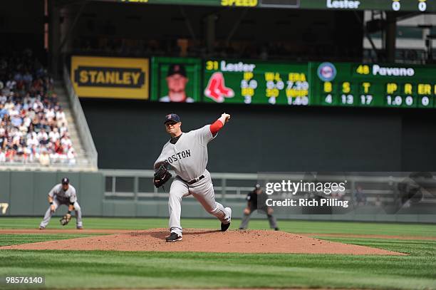 Jon Lester of the Boston Red Sox pitches during the Opening Day game against the Minnesota Twins at Target Field in Minneapolis, Minnesota on April...