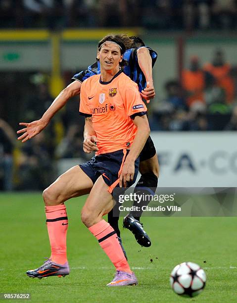 Zlatan Ibrahimovic of Barcelona during the UEFA Champions League Semi Final First Leg match between Inter Milan and Barcelona at Giuseppe Meazza...