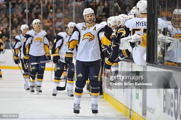 Paul Gaustad of the Buffalo Sabers celebrates a goal against the Boston Bruins in Game Three of the Eastern Conference Quarterfinals during the 2010...