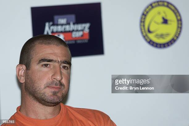 Ex Manchester United star Eric Cantona looks thoughtful during a Press conference for the Kronenbourg Beach Soccer Cup played at Hyde Park, London....
